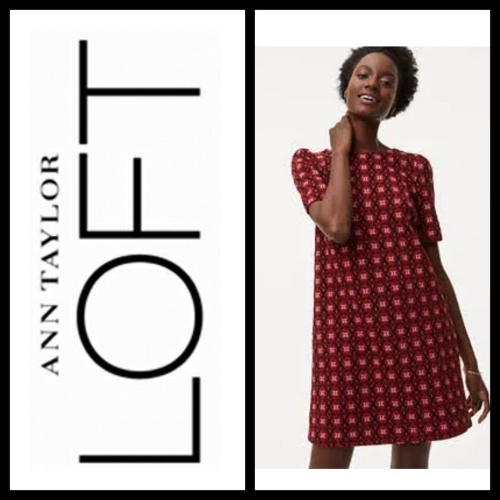 Ann Taylor LOFT Scroll Floral Jacquard Shift Dress Red / Black WOMENS XS PETITE